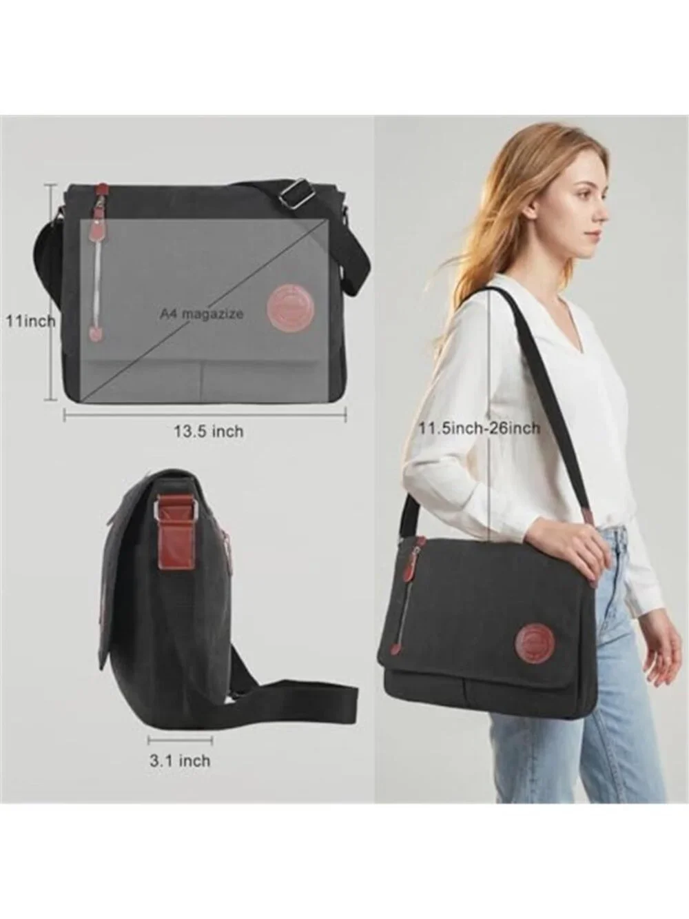Canvas Messenger Bag Laptop Crossbody Satchel Shoulder Work Travel Black